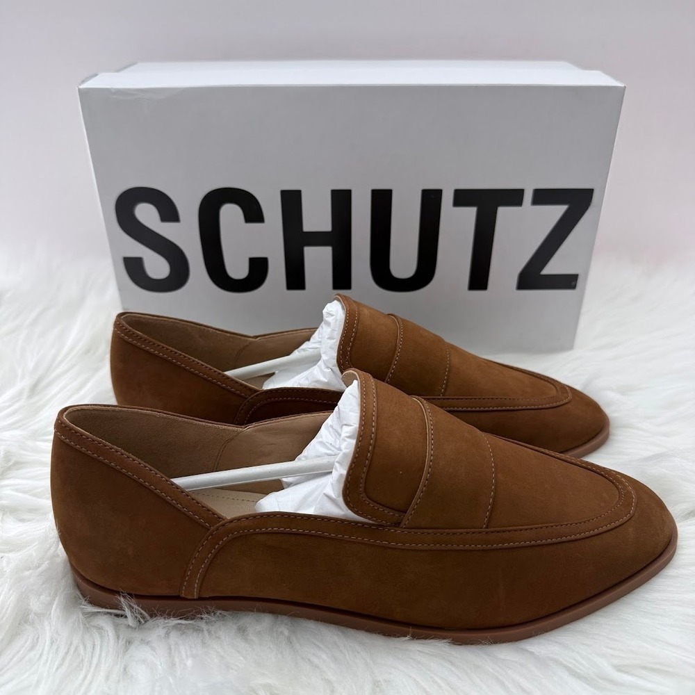 Schutz Maurice Dark Caramel Nubuck Penny Loafers Womens‎ 7.5B S220250003 New Box